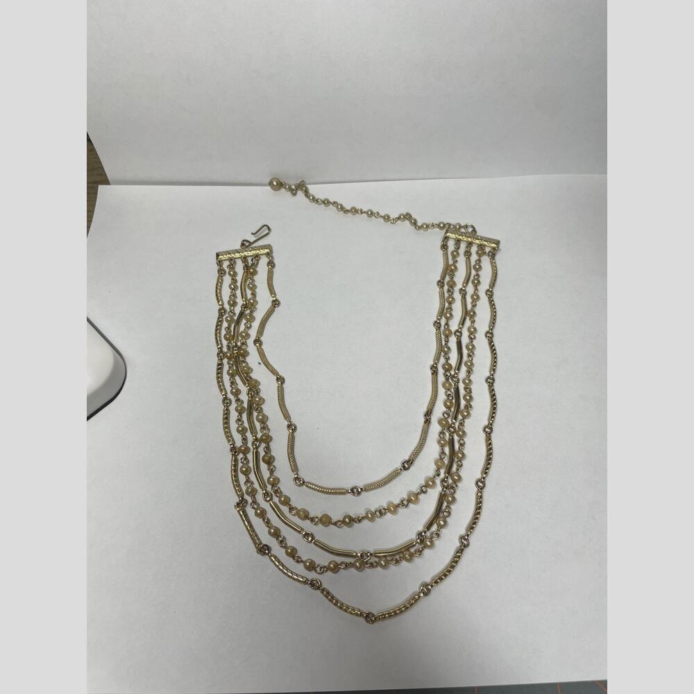 Vintage Gold Tone Pearl 5 Tiered Chain Necklace Grandmas Jewelry Layered